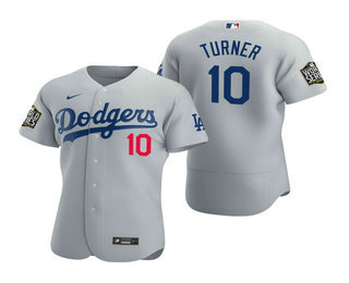 Cheap Men Los Angeles Dodgers 10 Justin Turner Gray 2020 World Series Authentic Flex Nike Jersey